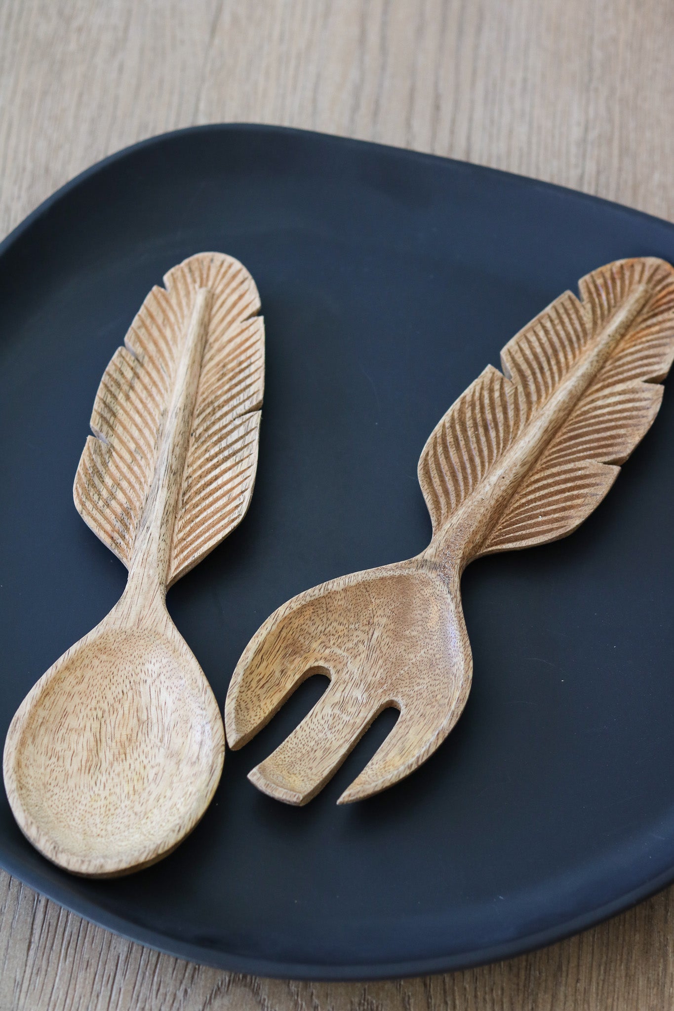 Hand-Carved Mango Wood  Feather Salad Servers