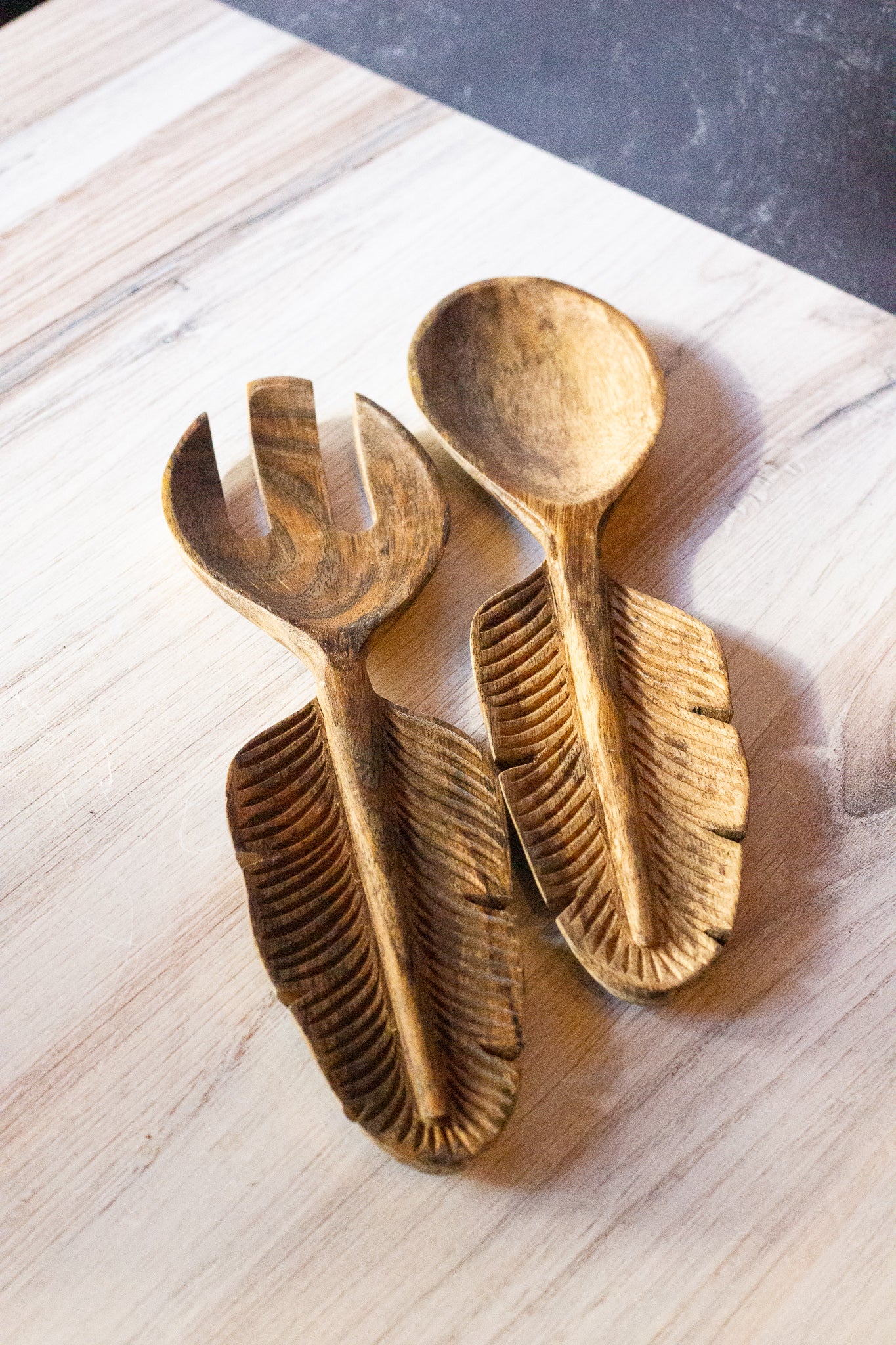 Hand-Carved Mango Wood  Feather Salad Servers